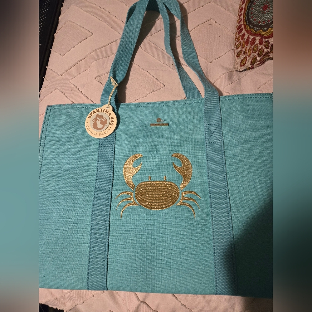 BNWT Spartina 449 Teal  Carry All Tote Bag with Gold Crab Design
